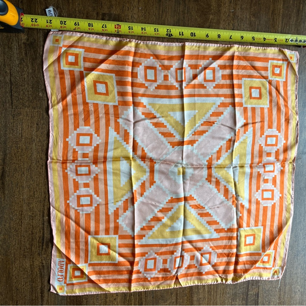 Vintage Adolfo Geometric Orange and Yellow Silk Scarf